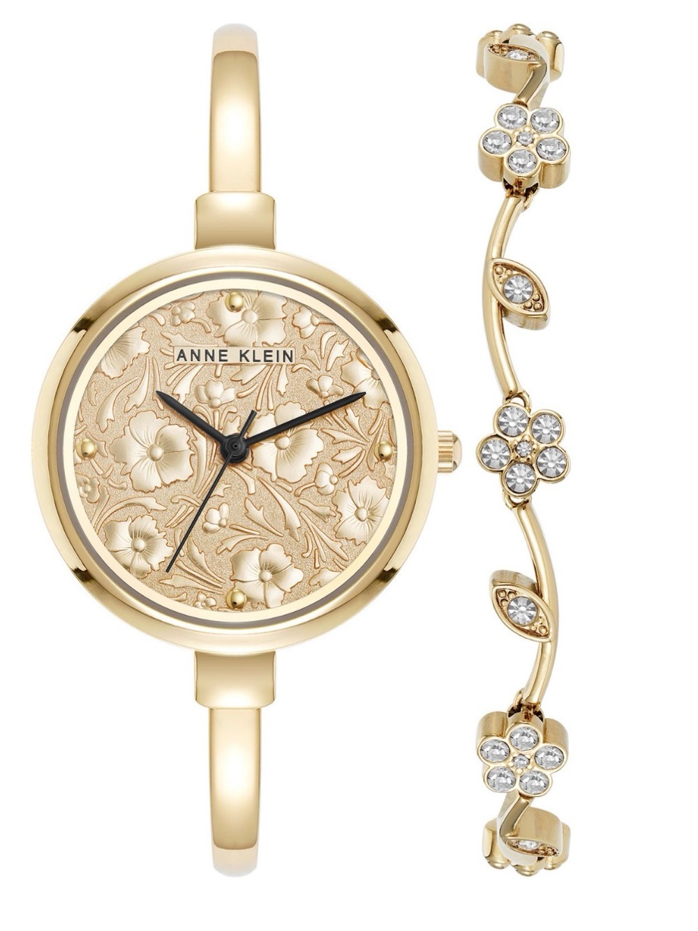 Anne Klein Gold Tone Floral Quartz Watch and Bracelet Set 32mm- New in Box